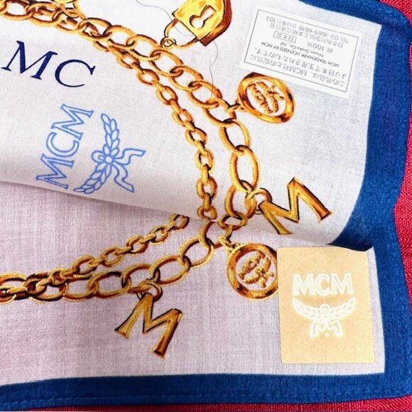 New MCM men/ women Handkerchief/ mini scarf cotton 19.5" Blue beige Log Print(99 - Picture 8 of 8